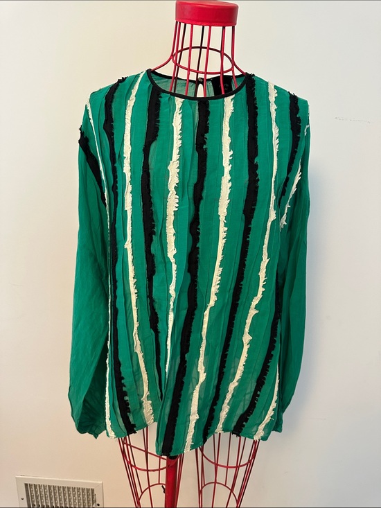 Alysi Tops - Green Striped Long Sleeve Top with Textured Ruffle Stripes